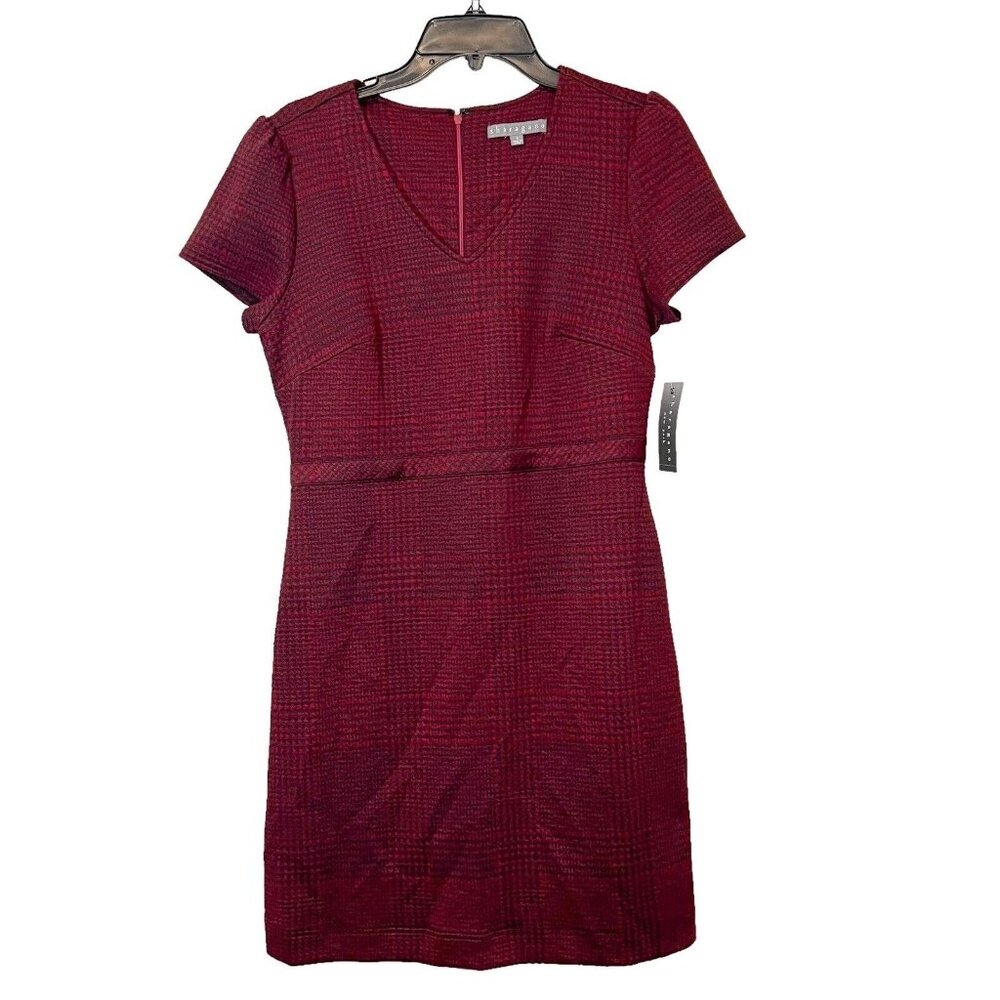 Burgundy Houndstooth Sheath Dress Career Professional Chic Cocktail Party